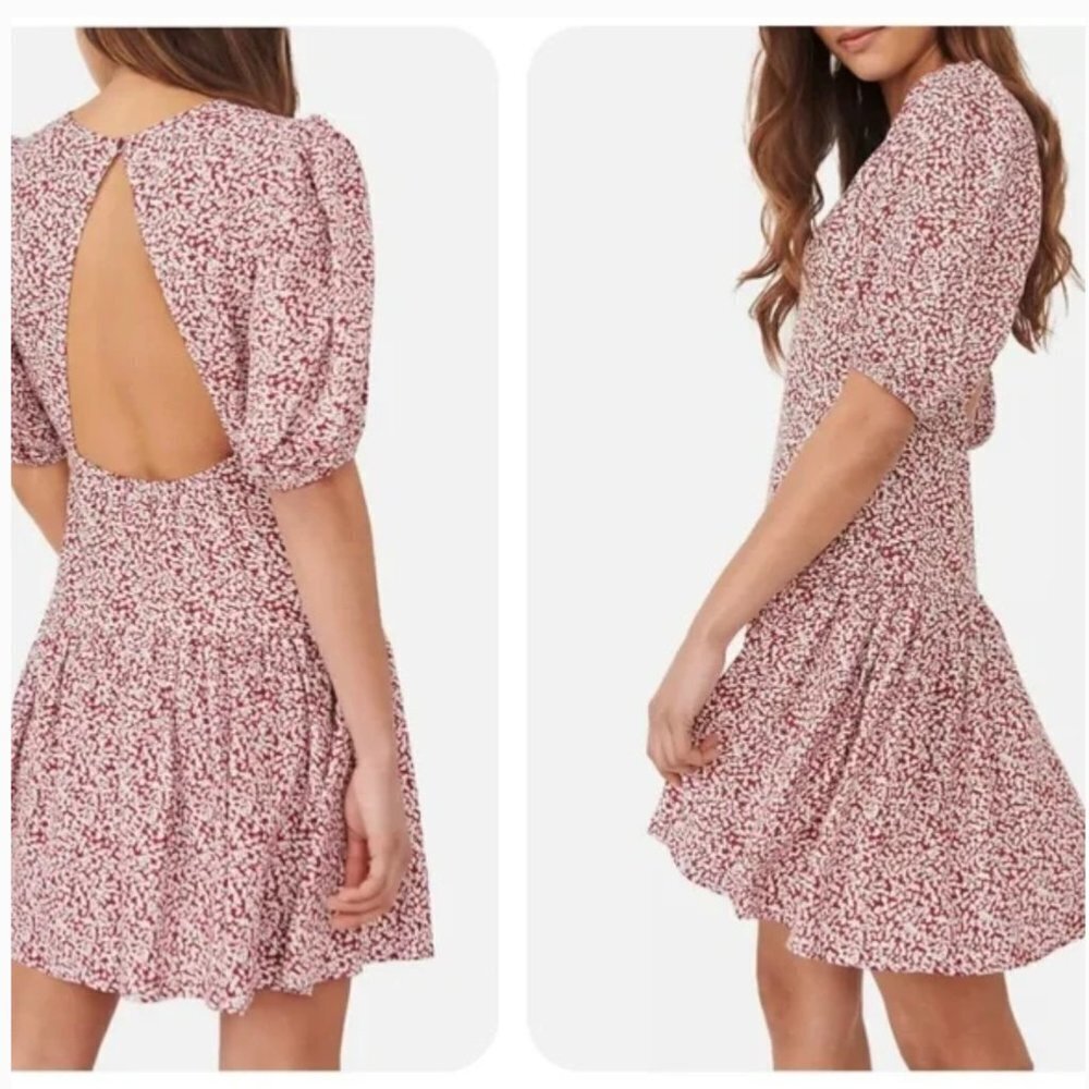 Free People Dancing In The Dark Floral Red Puff Sleeve Keyhole Back Mini Dress L
